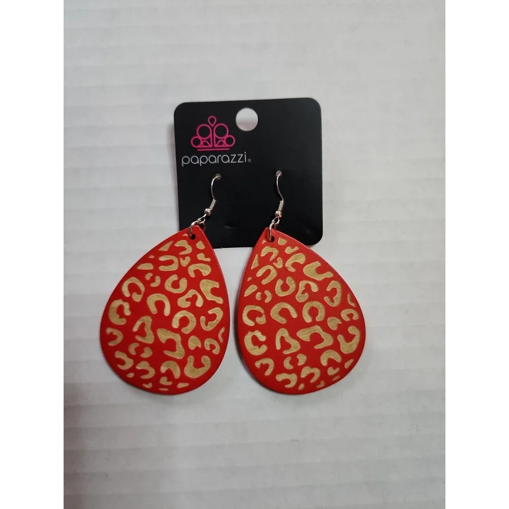 Paparazzi Untamed Red Leopard Print Wood Teardrop Earrings - NWT